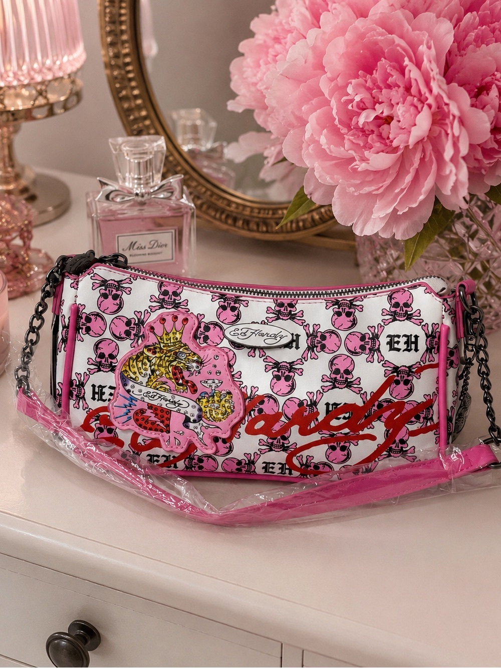 NWT Ed Hardy Pink Skull Rhinestone Tiger Y2K Shoulder Bag